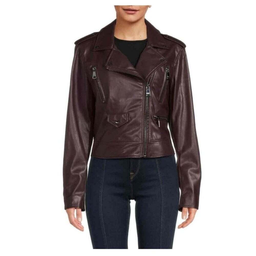 NWT DKNY Womens Bordeaux Red Faux Leather Moto Jacket Size XS Zip Front